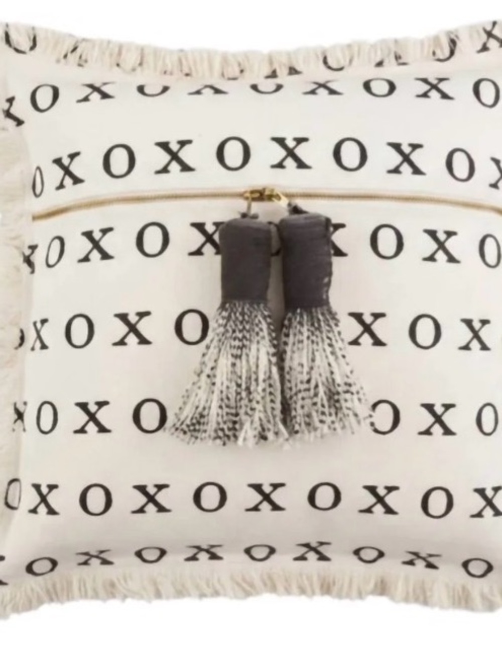 Mud Pie Cream and Black XOXO Pattern Pillow with Gray Tassels (PILLOW INCLUDED)